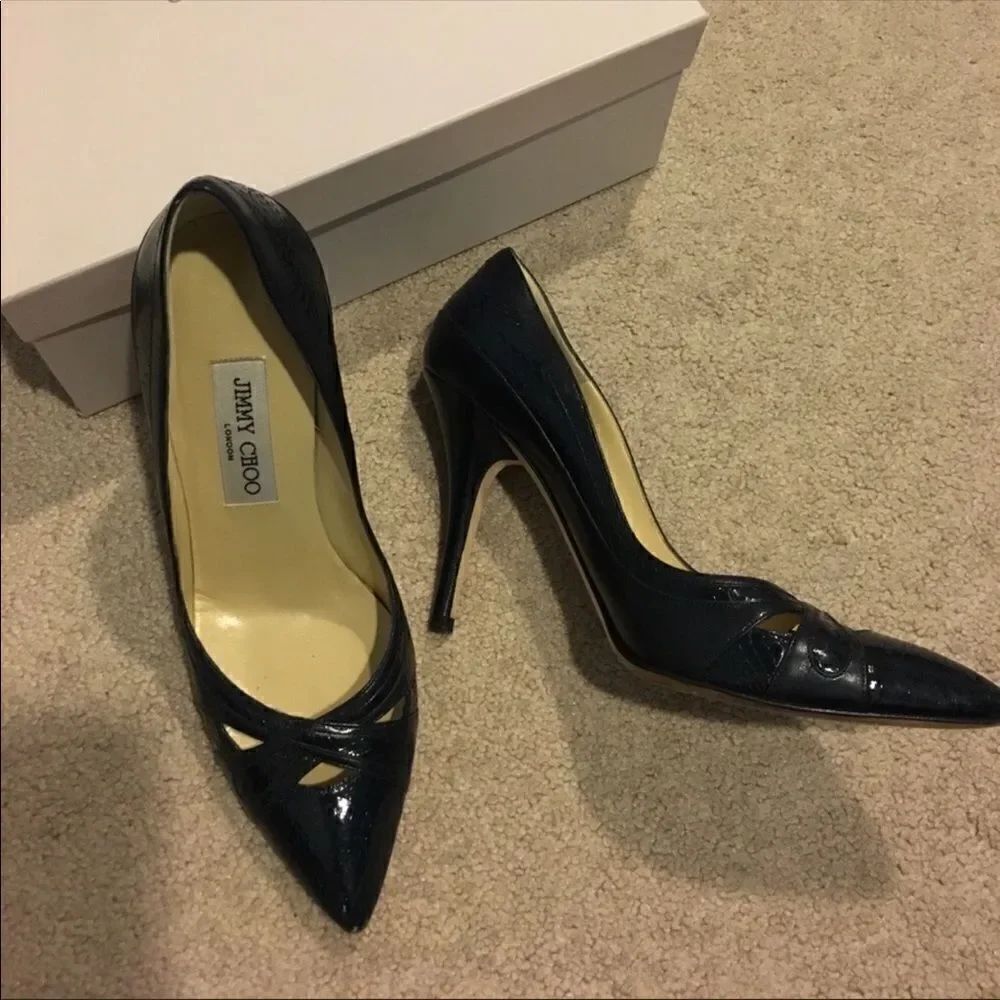 Jimmy Choo Navy Blue Snakeskin & Leather Pointed-Toe Pumps – Size 37.5
